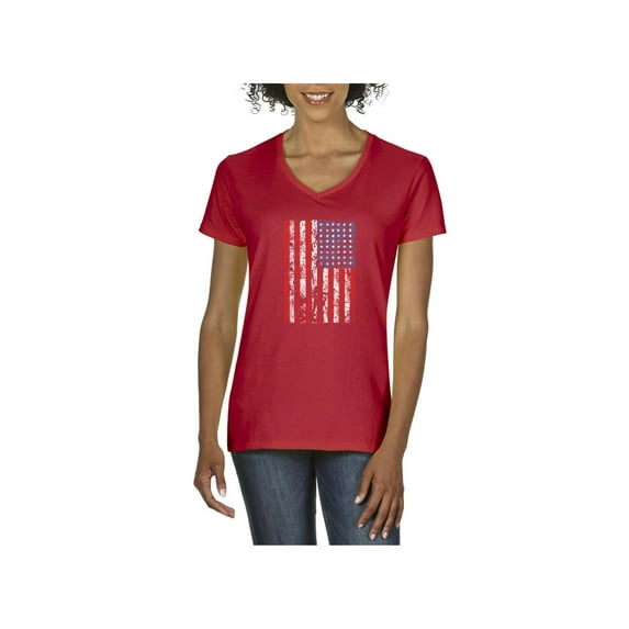 Women's T-Shirt V-Neck Short Sleeve - American Flag 4th of July