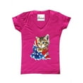 thumbnail image 1 of Women's T-Shirt V-Neck Short Sleeve - American Flag Cat, 1 of 5