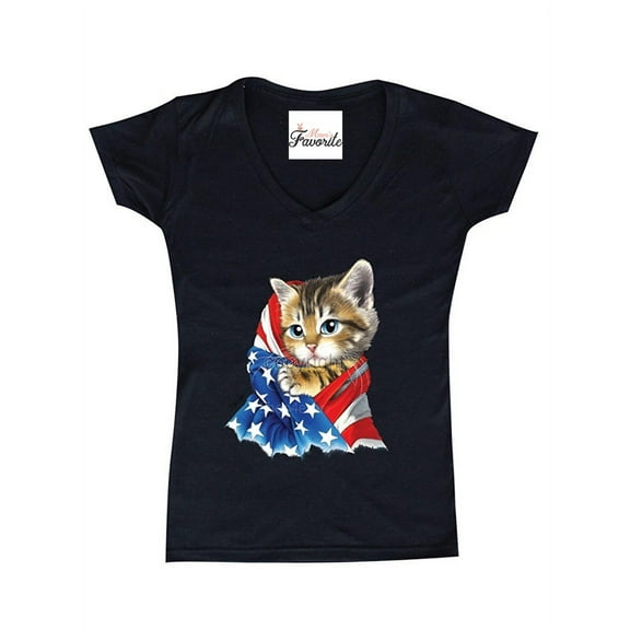 Women's T-Shirt V-Neck Short Sleeve - American Flag Cat