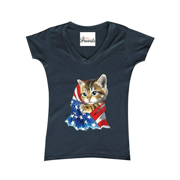 Women's T-Shirt V-Neck Short Sleeve - American Flag Cat