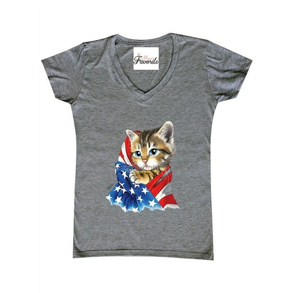 Women's T-Shirt V-Neck Short Sleeve - American Flag Cat