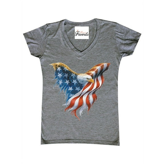 Women's T-Shirt V-Neck Short Sleeve - American Flag Eagle USA