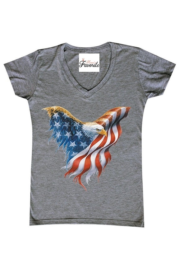 Women's T-Shirt V-Neck Short Sleeve - American Flag Eagle USA
