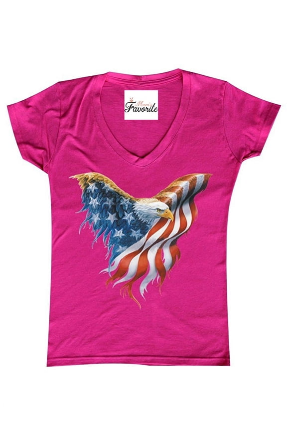 Women's T-Shirt V-Neck Short Sleeve - American Flag Eagle USA