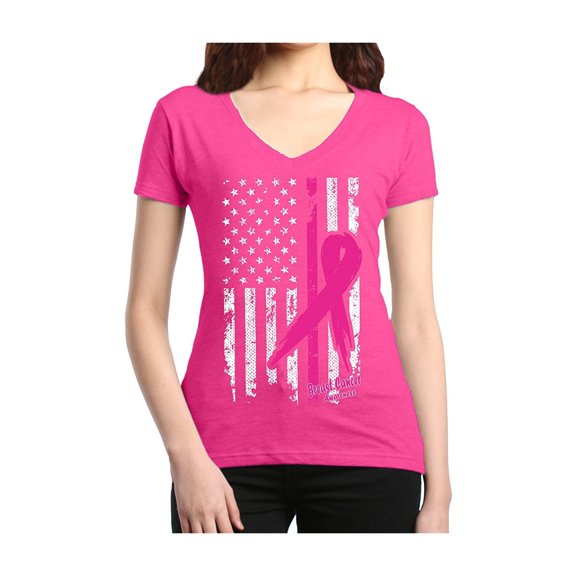 Women's T-Shirt V-Neck Short Sleeve - Cancer Ribbon American Flag