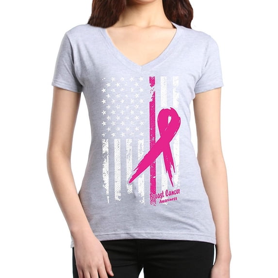 Women's T-Shirt V-Neck Short Sleeve - Cancer Ribbon American Flag