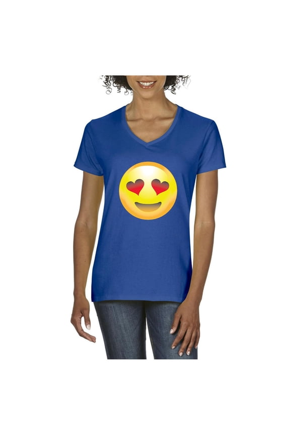 Women's T-Shirt V-Neck Short Sleeve - Emoji Heart-Shaped Eyes