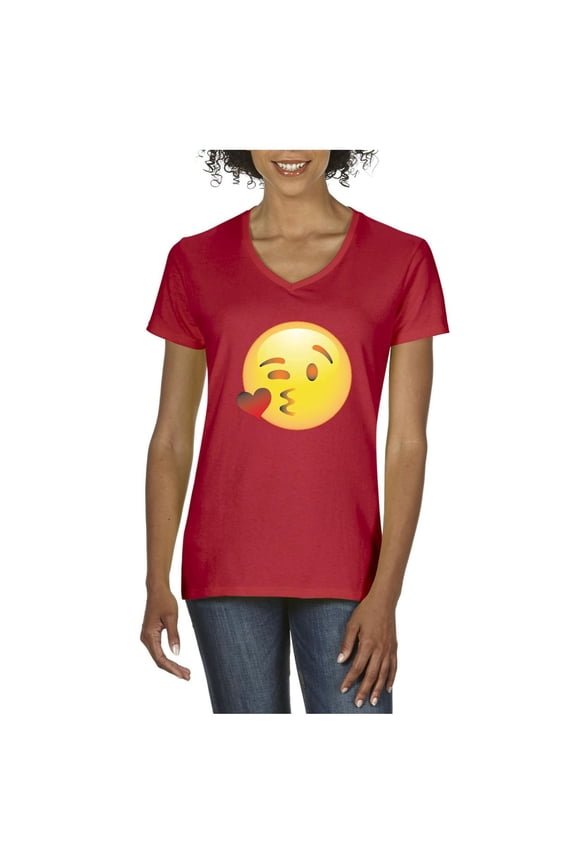Women's T-Shirt V-Neck Short Sleeve - Emoji Winky Face