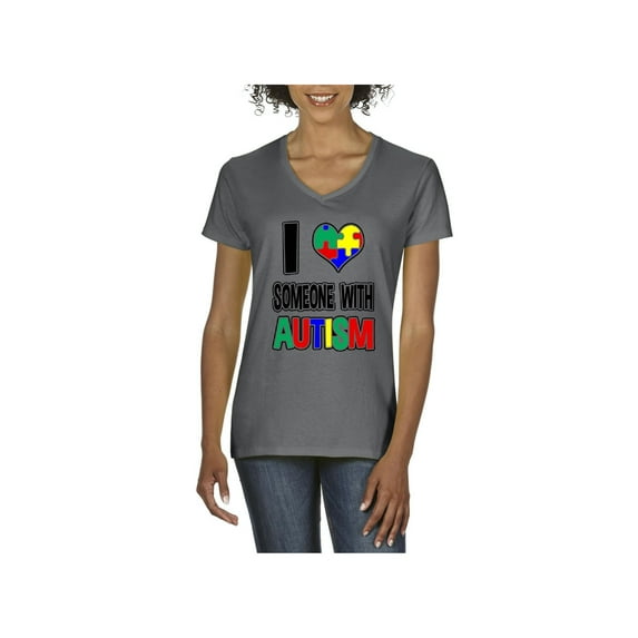 Women's T-Shirt V-Neck Short Sleeve - I Love Someone With Autism