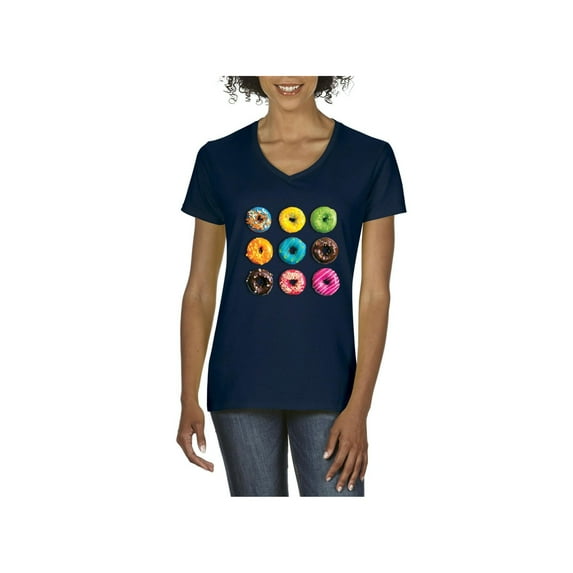 Women's T-Shirt V-Neck Short Sleeve - Love Food Donuts Doughnuts