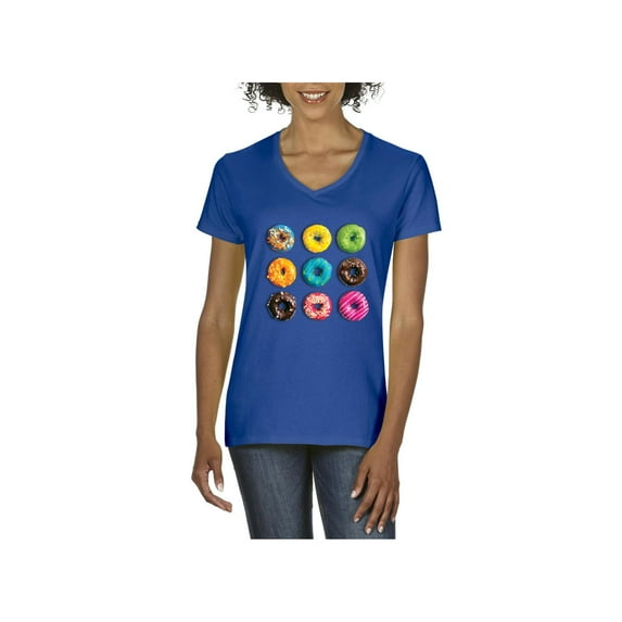 Women's T-Shirt V-Neck Short Sleeve - Love Food Donuts Doughnuts