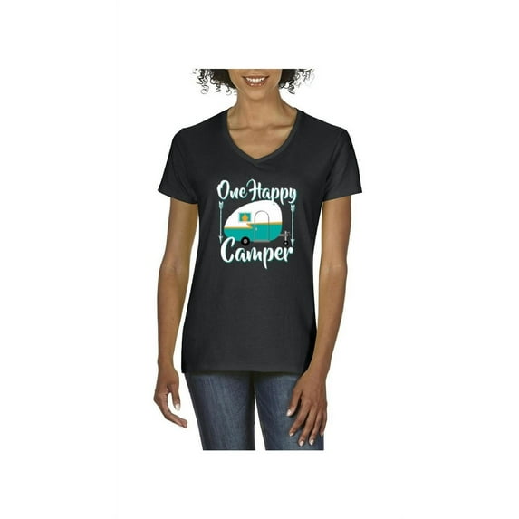Women's T-Shirt V-Neck Short Sleeve - ONE HAPPY CAMPER