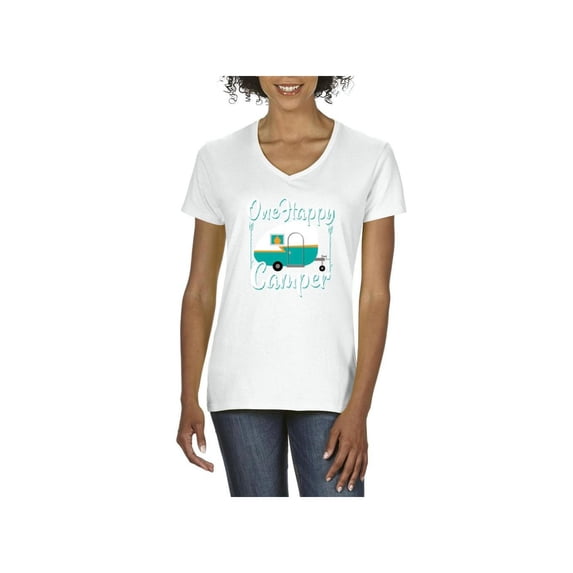 Women's T-Shirt V-Neck Short Sleeve - ONE HAPPY CAMPER