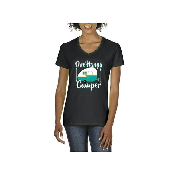 Women's T-Shirt V-Neck Short Sleeve - ONE HAPPY CAMPER