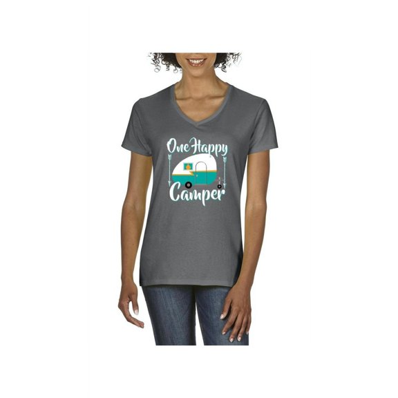 Women's T-Shirt V-Neck Short Sleeve - ONE HAPPY CAMPER