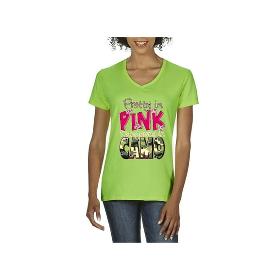 Women's T-Shirt V-Neck Short Sleeve - Pretty in Pink Dangerous in Camo