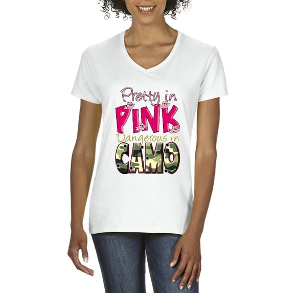 Women's T-Shirt V-Neck Short Sleeve - Pretty in Pink Dangerous in Camo