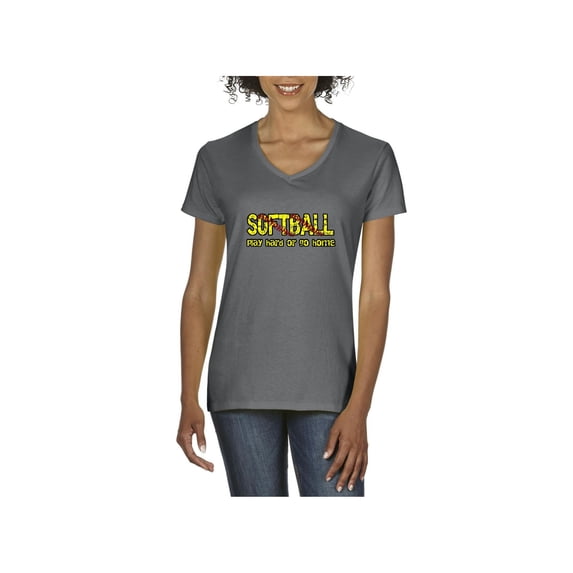 Women's T-Shirt V-Neck Short Sleeve - Softball Play Hard or Go Home