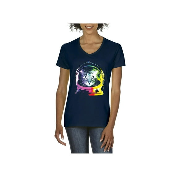 Women's T-Shirt V-Neck Short Sleeve - Space Cat