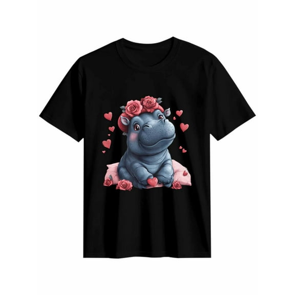 Women's T-Shirt Valentine's Day Hippo Short Sleeve Casual Tee Classic Crew Neck T Shirt for Women Black, 3XL