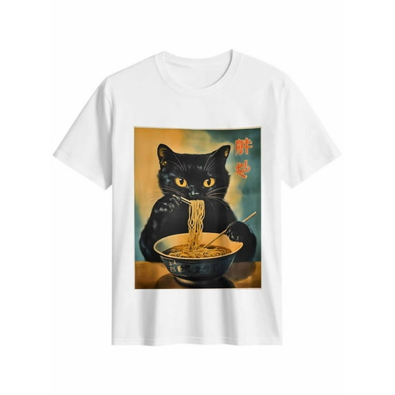 Women's T-Shirt Vintage Japanese Cat Funny Black Cat Eat Ramen Short Sleeve Casual Tee Classic Crew Neck T Shirt for Women White, XS