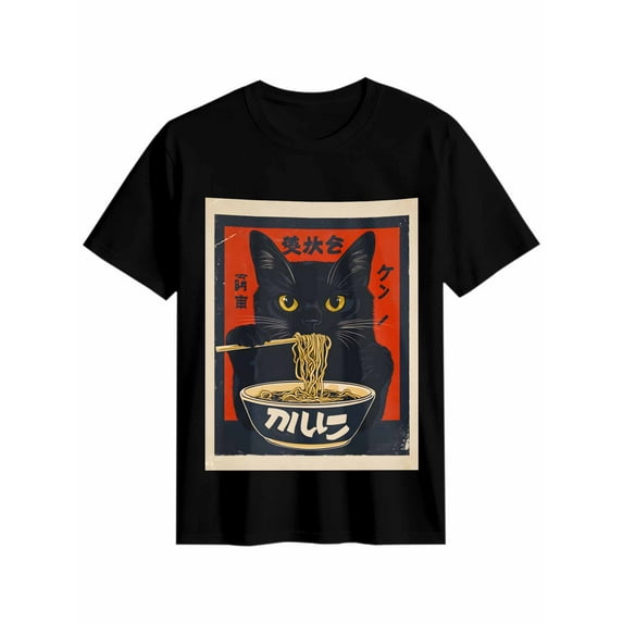 Women's T-Shirt Vintage Japanese Cat Quirky Black Cat Eating Ramen Short Sleeve Casual Tee Classic Crew Neck T Shirt for Women Black, XL