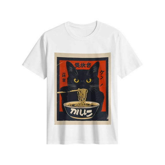 Women's T-Shirt Vintage Japanese Cat Quirky Black Cat Eating Ramen Short Sleeve Casual Tee Classic Crew Neck T Shirt for Women White, S