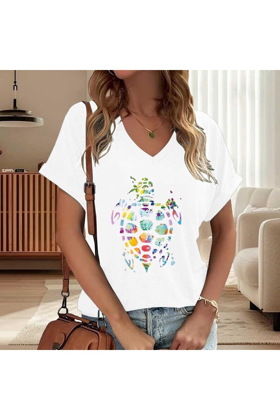 Women's T Shirt Vintage V-Neck Tees Turtle Graphic Short Sleeve Casual Fashion Tops