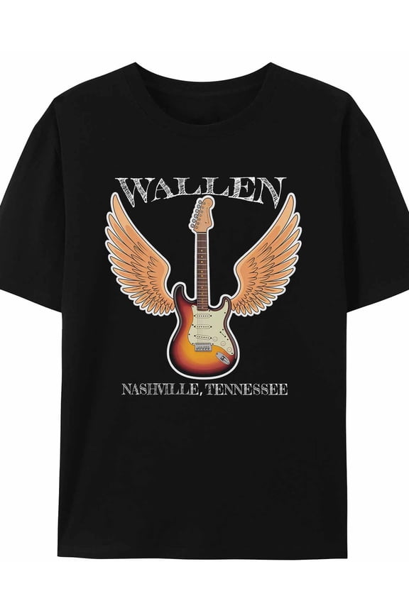 Women's T-Shirt WALLEN NASHVILLE,TENNESSEE Guitar Wings Short Sleeve Casual Tee Classic Crew Neck T Shirt for Women Black, XL