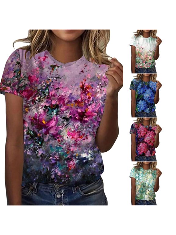 Women's T-Shirt Watercolor Floral Graphic Crew Neck Short Sleeve Tee Cottagecore Streetwear Casual Top