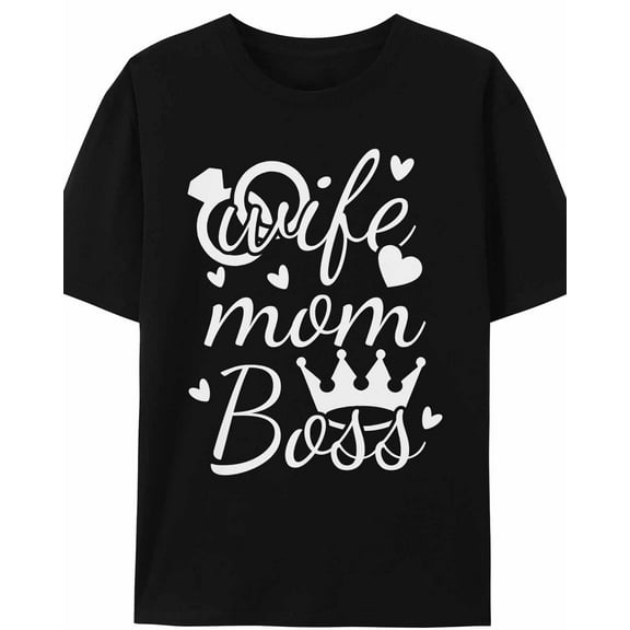 Women's T-Shirt Wife Mom Boss Crown Simple Short Sleeve Casual Tee Classic Crew Neck T Shirt for Women Black, M