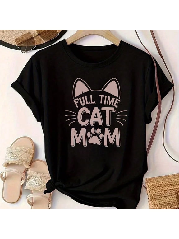 Women's T-Shirt With " CAT MOM" Lettering, Cat Lover T-Shirt