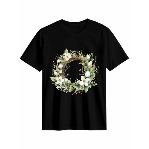 Women's T-Shirt Wreath Floral Short Sleeve Casual Tee Classic Crew Neck T Shirt for Women Black, 5XL