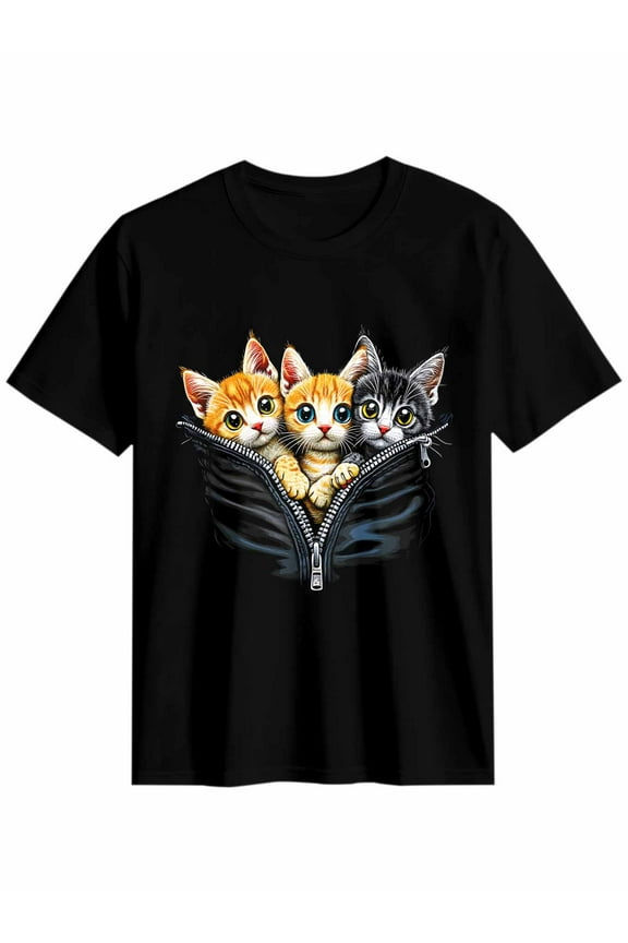 Women's T-Shirt Zipper Cat Cute Pet Focus Short Sleeve Casual Tee Classic Crew Neck T Shirt for Women Black, M