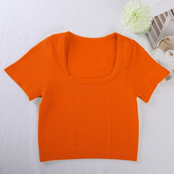 Women's T-Shirt for Everyday Wear and Comfort with Wide Neckline Versatile Short Sleeve Ribbed Top for Yoga Leisure and Travel, L, Orange