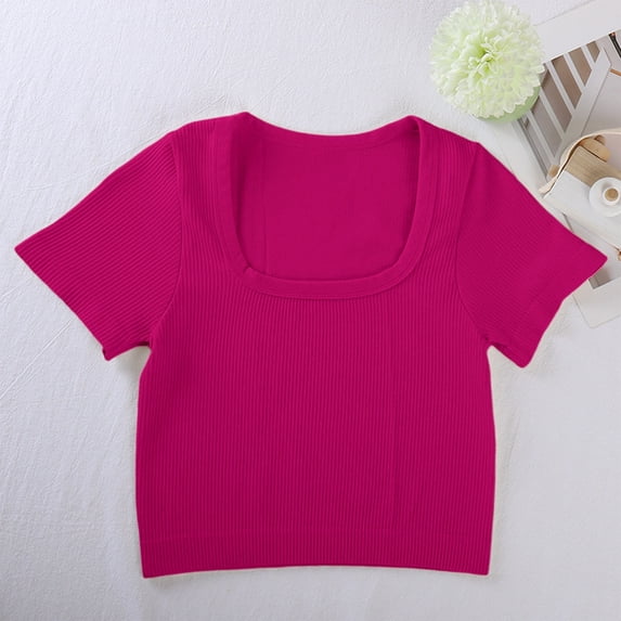 Women's T-Shirt for Everyday Wear and Comfort with Wide Neckline Versatile Short Sleeve Ribbed Top for Yoga Leisure and Travel, M, Hot Pink