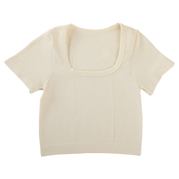 Women's T-Shirt for Everyday Wear and Comfort with Wide Neckline Versatile Short Sleeve Ribbed Top for Yoga Leisure and Travel, S, Beige