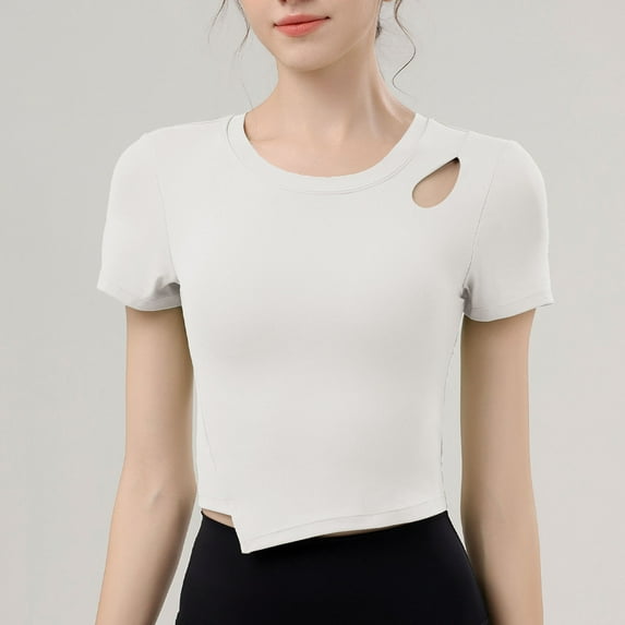 Women's T-Shirt with Built in Bra, Seamless Ribbed Cut Out Top, Stretchy Casual and Workout Shirt