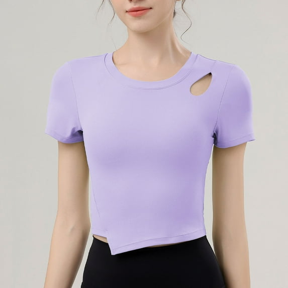 Women's T-Shirt with Built in Bra, Seamless Ribbed Cut Out Top, Stretchy Casual and Workout Shirt