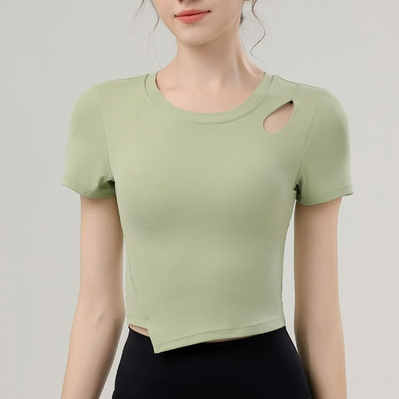 Women's T-Shirt with Built in Bra, Seamless Ribbed Cut Out Top, Stretchy Casual and Workout Shirt