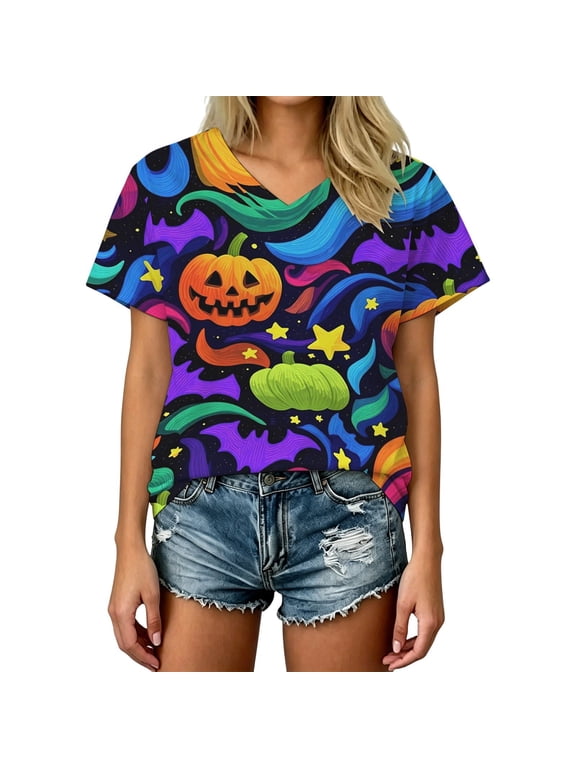 Women's T-Shirt with Colorful Pumpkin Bat Star Graphic V-Neck Short Sleeve Tee Indie Halloween Gothic Fashion Top