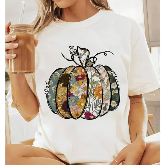 Women's T-Shirt with Floral Pumpkin Graphic Tee, Colorful Fall Tops for Women，Seasonal Holiday Shirt，Classic，cotton，white，S-5XL