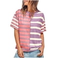 thumbnail image 1 of Women's T-Shirts 2025 New Casual Color Blocked Striped Print Shirts Summer Short Sleeve Round Neck Blouses Fashion Loose Dressy Street Pullover Tops, 1 of 1