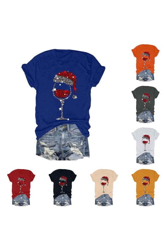 Women's T-Shirts 2026 Glass Print Round Neck Short Sleeve Tee for Women Casual Everyday Top Lightweight Blend Soft Comfort and Modern Graphic Design Blue L