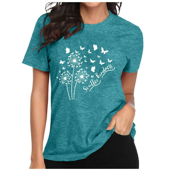 Women's T Shirts 2026 Summer Floral Dandelion Print Short Sleeved Crewneck Top Trendy Casual Stretch Loose Fit Basic Tees