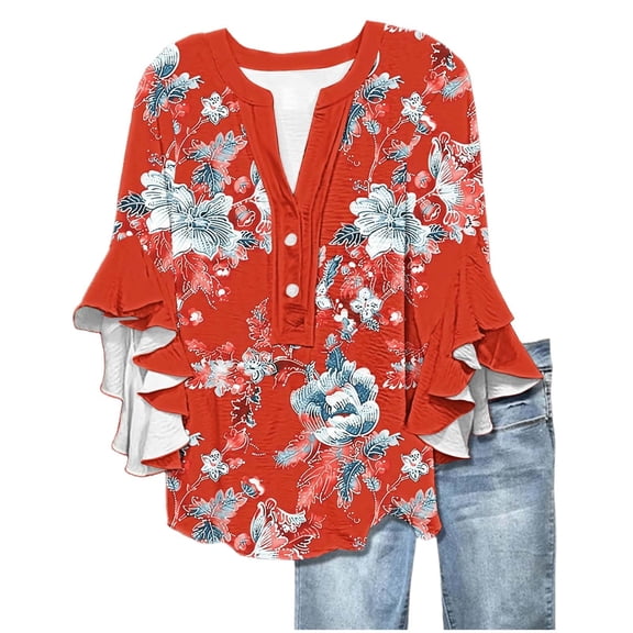 Women's T-Shirts 3/4 Length Sleeves Floral Top Flowy Ruffle Sleeve Half Button Down Shirt Summer V Neck Blouse Bubble Wrinkles Material 1PC Top Size S-3XL Oversized Tshirts For Women
