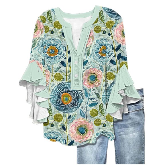 Women's T-Shirts 3/4 Length Sleeves Floral Top Flowy Ruffle Sleeve Half Button Down Shirt Summer V Neck Blouse Bubble Wrinkles Material 1PC Top Size S-3XL Oversized Tshirts For Women