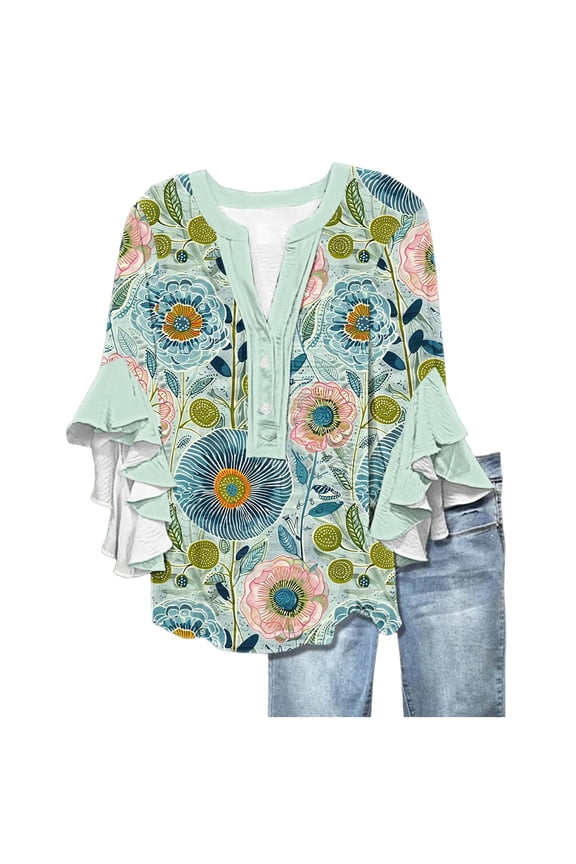 Women's T-Shirts 3/4 Length Sleeves Floral Top Flowy Ruffle Sleeve Half Button Down Shirt Summer V Neck Blouse Bubble Wrinkles Material 1PC Top Size S-3XL Oversized Tshirts For Women