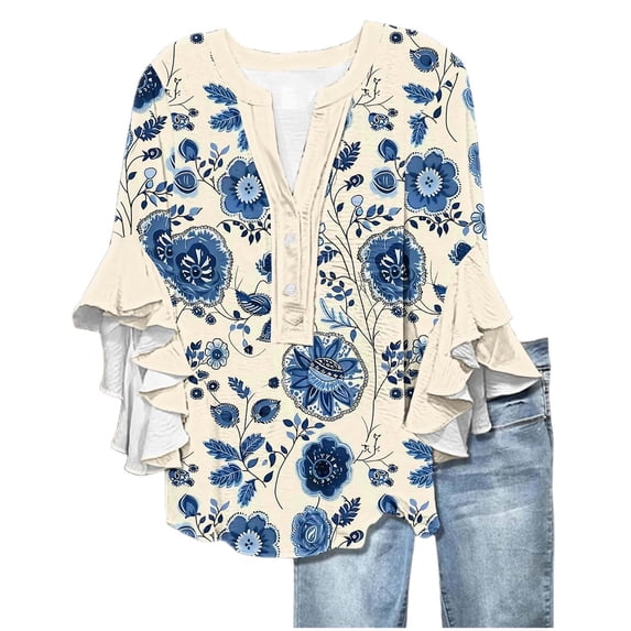 Women's T-Shirts 3/4 Length Sleeves Floral Top Flowy Ruffle Sleeve Half Button Down Shirt Summer V Neck Blouse Bubble Wrinkles Material 1PC Top Size S-3XL Oversized Tshirts For Women