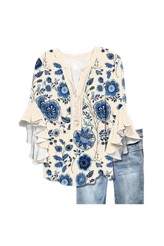 Women's T-Shirts 3/4 Length Sleeves Floral Top Flowy Ruffle Sleeve Half Button Down Shirt Summer V Neck Blouse Bubble Wrinkles Material 1PC Top Size S-3XL Oversized Tshirts For Women